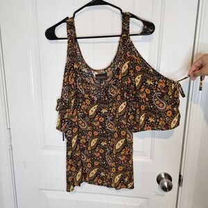 Shyanne Blue Paisley Floral Cold Shoulder Top Boho Western Blouse Medium